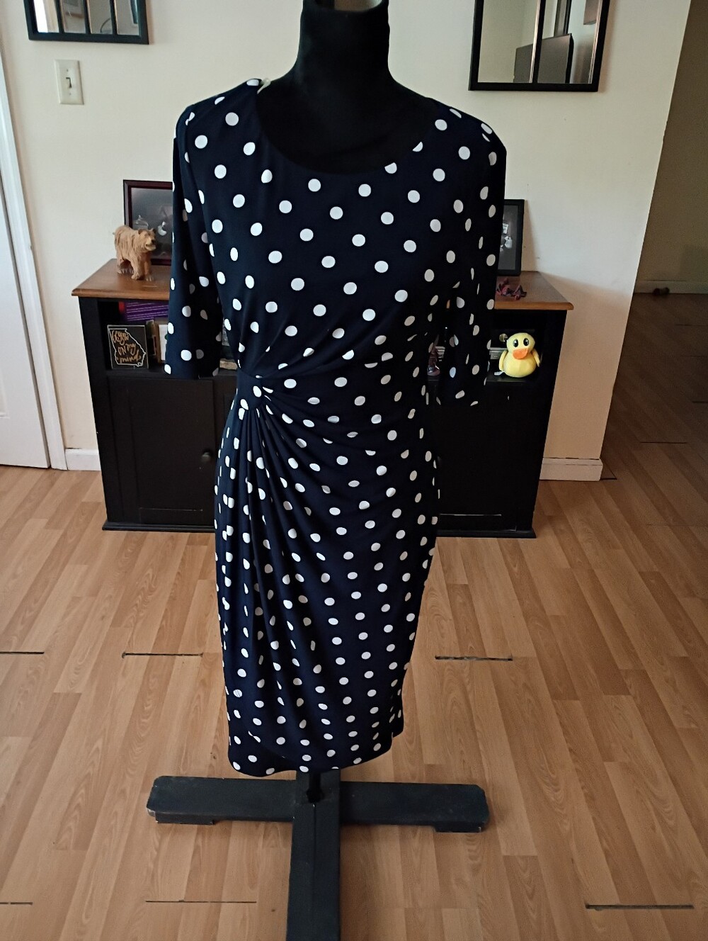 Size 8 Connected Apparel Blue White Polka Dot Short Sleeve Faux Wrap Midi Dress
